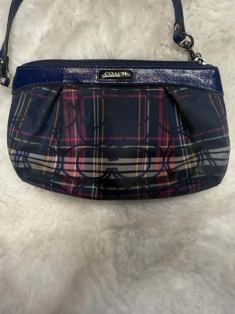 Coach Navy Tartan Plaid Print Wristlet with Patent Leather Trim